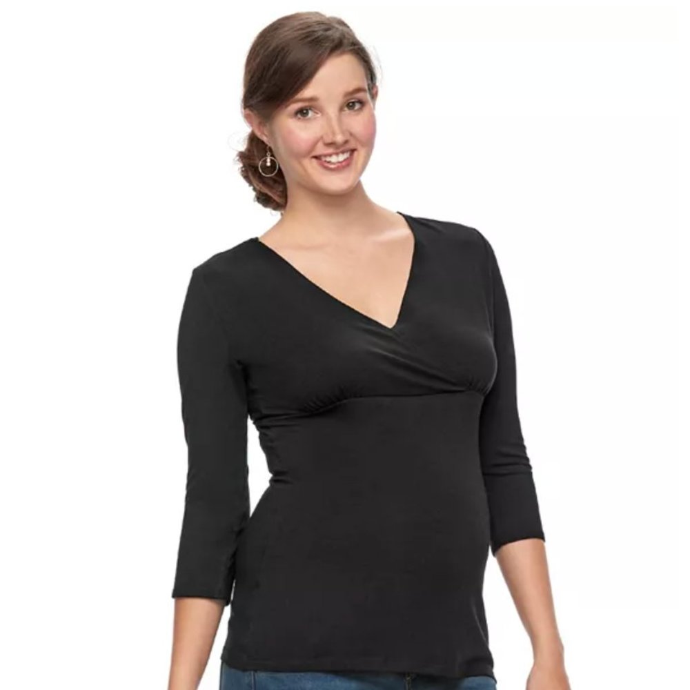 $10 CLEARANCE! Maternity a:glow Black Surplice Nursing Tee - Picture 3 of 11